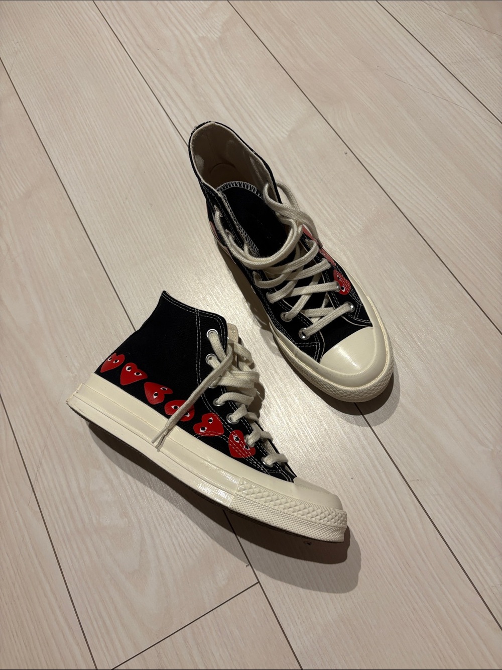 Comme des Garcons Black High-Top Sneakers with Red Heart Accents